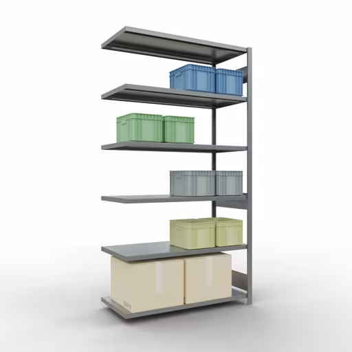 Anbauregal, Fachbodenregal Stecksystem MULTIplus250, 2500 x 1300 x 600 mm (HxBxT), 6 Fachböden, Längenriegel, verzinkt von der Marke Schulte Lagertechnik aus der Produktreihe Stecksystem