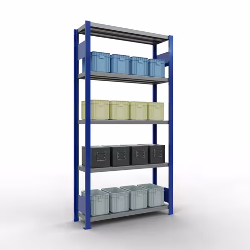 Grundregal, Fachbodenregal Stecksystem MULTIplus330, 2000 x 1000 x 300 mm (HxBxT), 5 Fachböden, Längenriegel, RAL 5010 enzianblau/verzinkt aus der Kategorie Grundregal mit der GTIN 4004514285447 Grundregal, Fachbodenregal Stecksystem MULTIplus330, 2000 x 1000 x 300 mm (HxBxT), 5 Fachböden, Längenriegel, RAL 5010 enzianblau/verzinkt von der Marke Schulte Lagertechnik aus der Produktreihe Stecksystem