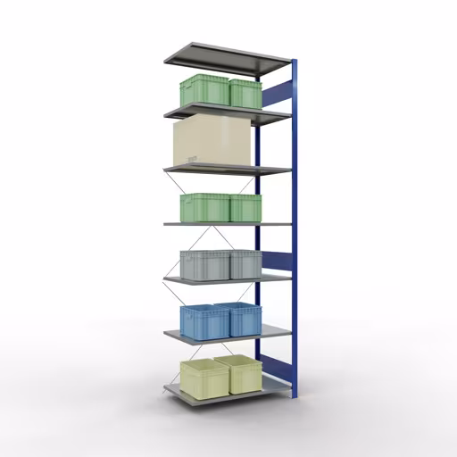 Abbildung Nr 16 des Artikels Anbauregal, Fachbodenregal Stecksystem MULTIplus85, 3000 x 1000 x 600 mm (HxBxT), 7 Fachböden, Kreuzstrebe, RAL 5010 enzianblau aus der Produktgruppe Stecksystem von der Marke Schulte Lagertechnik