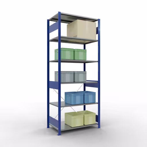 Zusatzbild des Artikels Grundregal, Fachbodenregal Stecksystem MULTIplus150, 2500 x 1000 x 600 mm (HxBxT), 6 Fachböden, Kreuzstrebe, RAL 5010/verzinkt Zusatzbild des Artikels Grundregal, Fachbodenregal Stecksystem MULTIplus150, 2500 x 1000 x 600 mm (HxBxT), 6 Fachböden, Kreuzstrebe, RAL 5010/verzinkt aus Grundregal