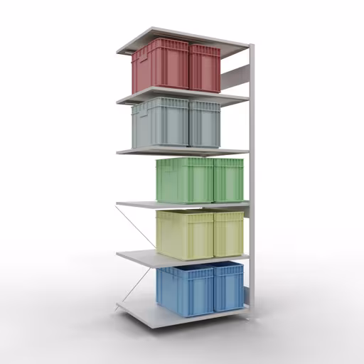Abbildung Nr 12 des Artikels Anbauregal, Fachbodenregal Stecksystem MULTIplus150, 2500 x 1000 x 800 mm (HxBxT), 6 Fachböden, Kreuzstrebe, RAL 7035 lichtgrau aus der Produktgruppe Stecksystem von der Marke Schulte Lagertechnik
