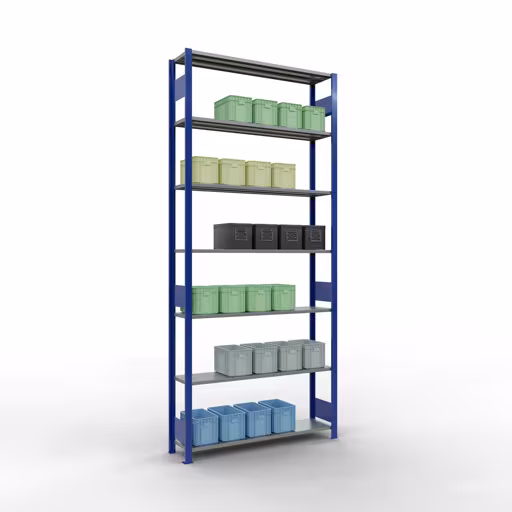 Grundregal, Fachbodenregal Stecksystem MULTIplus150, 3000 x 1300 x 300 mm (HxBxT), 7 Fachböden, Längenriegel, RAL 5010 enzianblau/verzinkt von der Marke Schulte Lagertechnik aus der Produktreihe Stecksystem