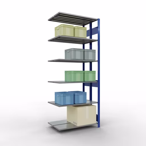 Zusatzbild des Artikels Anbauregal, Doppelregal, Fachbodenregal Stecksystem MULTIplus150, 2500 x 1000 x (2x300) mm (HxBxT), 2x6 Fachböden, Längenriegel, RAL 5010 enzianblau aus Doppelregale
