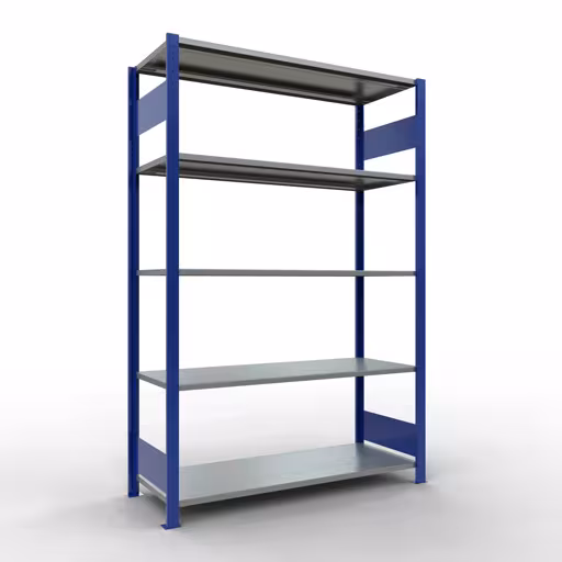 Grundregal, Fachbodenregal Stecksystem MULTIplus150, 2000 x 1300 x 500 mm (HxBxT), 5 Fachböden, Längenriegel, RAL 5010 enzianblau/verzinkt aus der Kategorie Grundregal mit der Artikelnummer 12750-130-LR-B