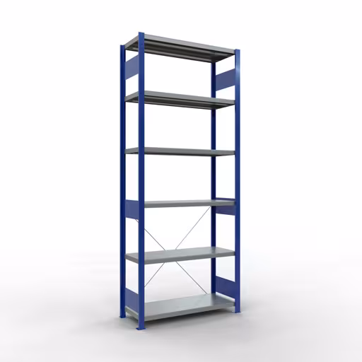 Grundregal, Fachbodenregal Stecksystem MULTIplus250, 2500 x 1000 x 400 mm (HxBxT), 6 Fachböden, Kreuzstrebe, RAL 5010 enzianblau/verzinkt aus der Kategorie Grundregal mit der Artikelnummer 12941-B