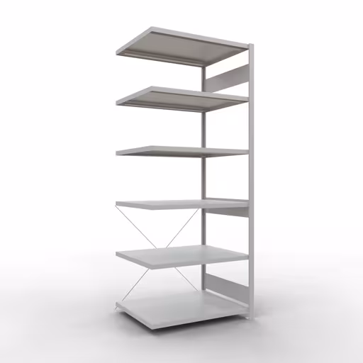 Anbauregal, Fachbodenregal Stecksystem MULTIplus330, 2500 x 1000 x 800 mm (HxBxT), 6 Fachböden, Kreuzstrebe, RAL 7035 lichtgrau aus der Kategorie Anbauregal mit der Artikelnummer 33886