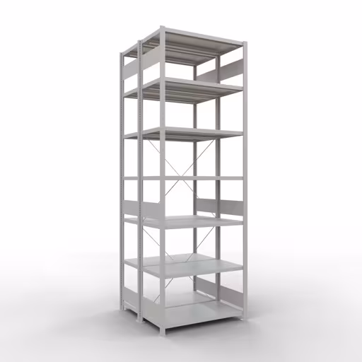 Grundregal, Doppelregal, Fachbodenregal Stecksystem MULTIplus250, 3000 x 1000 x (2x500) mm (HxBxT), 2x7 Fachböden, Kreuzstrebe, RAL 7035 lichtgrau aus der Kategorie Doppelregale mit der Artikelnummer 32152-G
