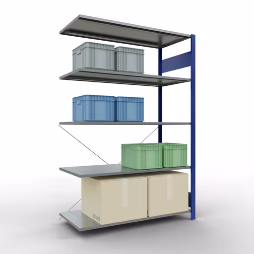 Produktbild Nr.15 des Artikels Anbauregal, Fachbodenregal Stecksystem MULTIplus150, 2000 x 1300 x 600 mm (HxBxT), 5 Fachböden, Kreuzstrebe, RAL 5010 enzianblau/verzinkt aus der Produktreihe Stecksystem von der Marke Schulte Lagertechnik