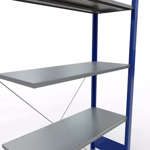 Anbauregal, Fachbodenregal Stecksystem MULTIplus85, 2000 x 1000 x 400 mm (HxBxT), 5 Fachböden, Kreuzstrebe, RAL 5010 enzianblau von der Marke Schulte Lagertechnik aus der Produktreihe Stecksystem