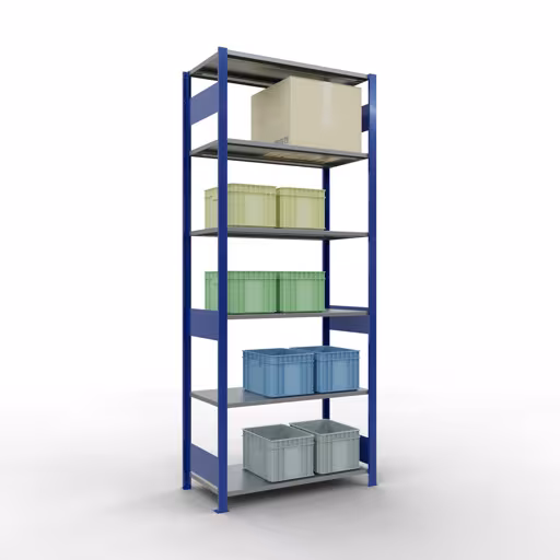 Grundregal, Fachbodenregal Stecksystem MULTIplus150, 2500 x 1000 x 500 mm (HxBxT), 6 Fachböden, Längenriegel, RAL 5010 enzianblau/verzinkt von der Marke Schulte Lagertechnik aus der Produktreihe Stecksystem
