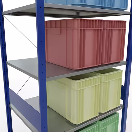 Zusatzbild des Artikels Grundregal, Fachbodenregal Stecksystem MULTIplus150, 3000 x 1000 x 800 mm (HxBxT), 7 Fachböden, Kreuzstrebe, RAL 5010/verzinkt aus Grundregal