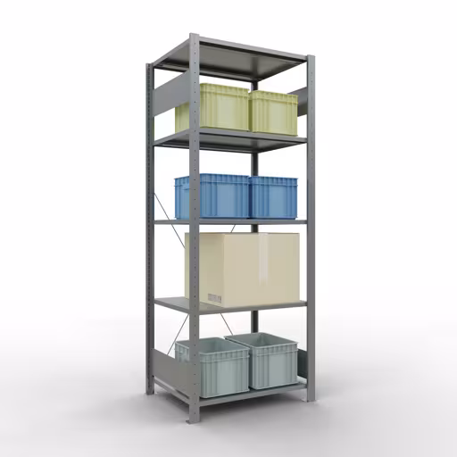 Grundregal, Fachbodenregal Stecksystem MULTIplus150, 2000 x 750 x 600 mm (HxBxT), 5 Fachböden, Kreuzstrebe, verzinkt von Schulte Lagertechnik aus der Kategorie Stecksystem