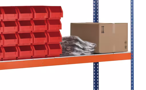 Andere Ansicht des Artikels Grundregal, Weitspannregal Z1 mit Stahlpaneelen, 3048 x 1536 x 621 mm, blau/orange/verzinkt, 4 Ebenen, Fachlast 767 kg, Feldlast 2.500 kg aus der Kategorie Weitspannregale