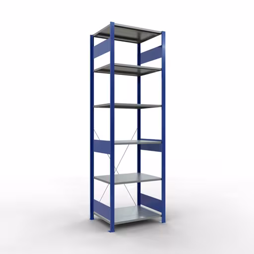 Grundregal, Fachbodenregal Stecksystem MULTIplus150, 2500 x 750 x 600 mm (HxBxT), 6 Fachböden, Kreuzstrebe, RAL 5010 enzianblau/verzinkt/verzinkt aus der Kategorie Grundregal mit der Artikelnummer 12761-75-B