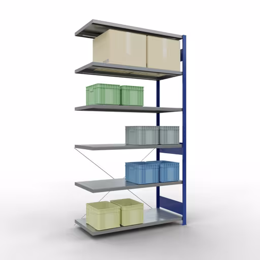 Abbildung Nr 12 des Artikels Anbauregal, Fachbodenregal Stecksystem MULTIplus250, 2500 x 1300 x 600 mm (HxBxT), 6 Fachböden, Kreuzstrebe, RAL 5010 enzianblau/verzinkt aus der Produktgruppe Stecksystem von der Marke Schulte Lagertechnik