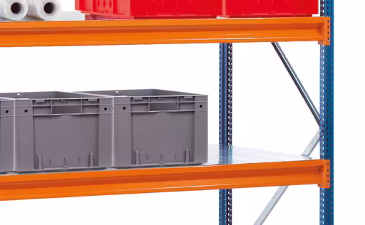 Anbauregal, Weitspannregal mit Stahlpaneelen W 100, 2500 x 1785 x 600 mm, blau/orange/verzinkt, 4 Ebenen, Fachlast 670 kg von Schulte Lagertechnik aus der Kategorie Weitspannregale