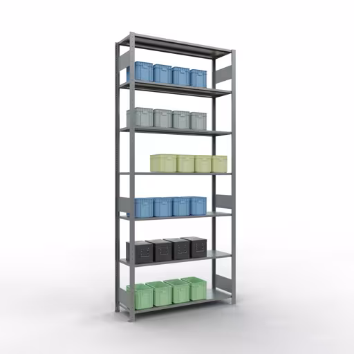 Produktbild Nr.15 des Artikels Grundregal, Fachbodenregal Stecksystem MULTIplus150, 3000 x 1300 x 400 mm (HxBxT), 7 Fachböden, Längenriegel, verzinkt aus der Produktreihe Stecksystem von der Marke Schulte Lagertechnik