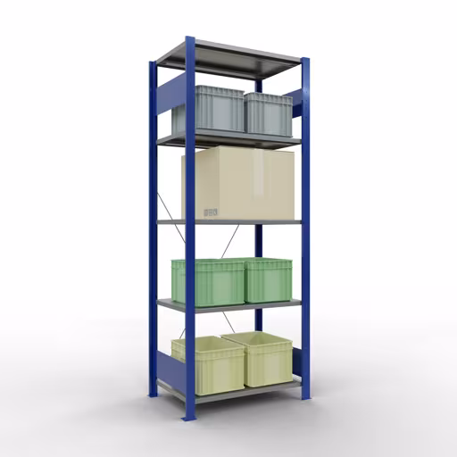 Produktbild Nr.6 des Artikels Grundregal, Fachbodenregal Stecksystem MULTIplus150, 2000 x 750 x 500 mm (HxBxT), 5 Fachböden, Kreuzstrebe, RAL 5010 enzianblau/verzinkt/verzinkt aus der Produktreihe Stecksystem von der Marke Schulte Lagertechnik