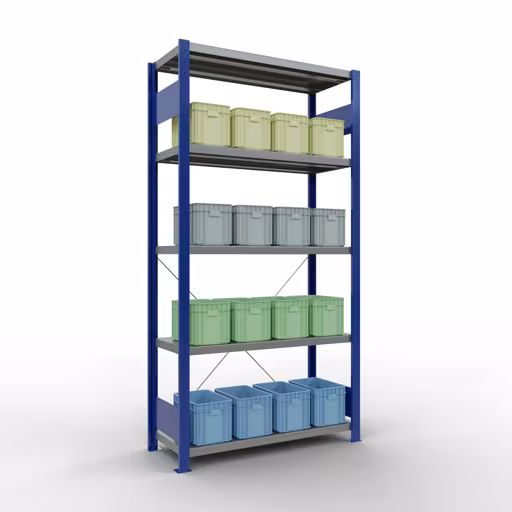 Andere Ansicht des Artikels Grundregal, Fachbodenregal Stecksystem MULTIplus250, 2000 x 1000 x 400 mm (HxBxT), 5 Fachböden, Kreuzstrebe, RAL 5010 enzianblau/verzinkt aus der Kategorie Stecksystem