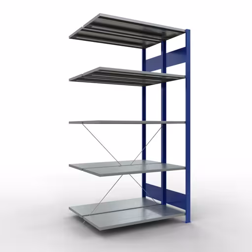 Anbauregal, Doppelregal, Fachbodenregal Stecksystem MULTIplus150, 2000 x 1000 x (2x400) mm (HxBxT), 2x5 Fachböden, Kreuzstrebe, RAL 5010 enzianblau aus der Kategorie Doppelregale mit der Artikelnummer 32745-B