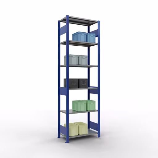 Grundregal, Fachbodenregal Stecksystem MULTIplus150, 2500 x 750 x 400 mm (HxBxT), 6 Fachböden, Längenriegel, RAL 5010 enzianblau/verzinkt/verzinkt von der Marke Schulte Lagertechnik aus der Produktreihe Stecksystem