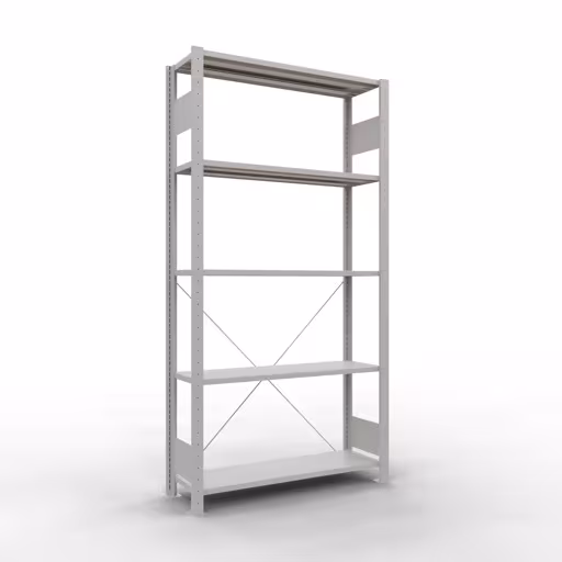 Grundregal, Fachbodenregal Stecksystem MULTIplus85, 2000 x 1000 x 300 mm (HxBxT), 5 Fachböden, Kreuzstrebe, RAL 7035 lichtgrau aus der Kategorie Grundregal mit der Artikelnummer 33030