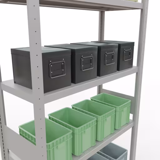 Abbildung Nr 14 des Artikels Grundregal, Fachbodenregal Stecksystem MULTIplus330, 3000 x 1000 x 400 mm (HxBxT), 7 Fachböden, Längenriegel, RAL 7035 lichtgrau aus der Produktgruppe Stecksystem von der Marke Schulte Lagertechnik
